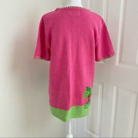 The Quacker Factory Pink Flamingo Embroidered Short Sleeve Sweater Sz Med Tropic - Picture 8 of 8